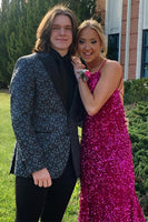 Load image into Gallery viewer, Dark Blue Peak Lapel Jacquard Men&#39;s Prom Homecoming Jacket