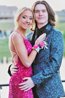 Load image into Gallery viewer, Dark Blue Peak Lapel Jacquard Men&#39;s Prom Homecoming Jacket