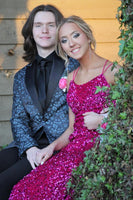 Load image into Gallery viewer, Dark Blue Peak Lapel Jacquard Men&#39;s Prom Homecoming Jacket