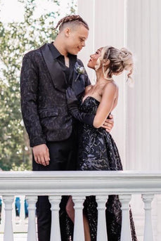 Shawl Lapel Black Jacquard Men's Prom Suits