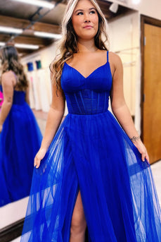 A-Line Royal Blue Spaghetti Straps Corset Formal Dress with Slit