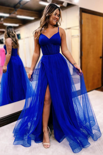 A-Line Royal Blue Spaghetti Straps Corset Formal Dress with Slit