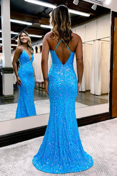 Sparkly Blue Spaghetti Straps Long Formal Dress