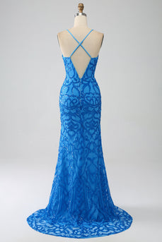 Blue Mermaid Spaghetti Straps Sequins Long Formal Dress