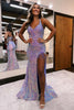 Load image into Gallery viewer, Sparkly Halter Light Purple Formal Dress with Fringes