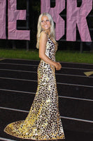 Load image into Gallery viewer, Sparkly Golden Mirror One Shoulder Long Formal Dress with Slit