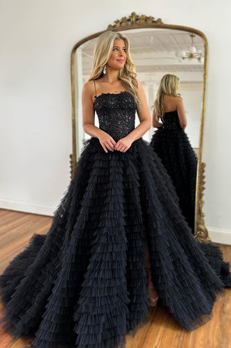 Sparkly Black Corset Spaghetti Straps Tulle A-Line Long Formal Dress with Slit