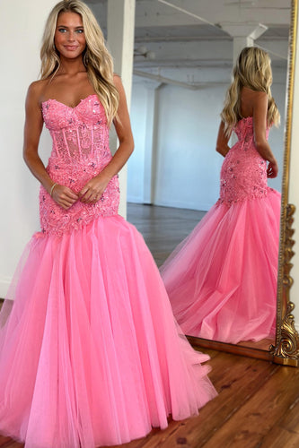 Glitter Pink Corset Sweetheart Tulle Mermaid Long Formal Dress