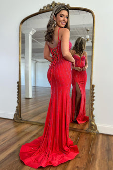 Sparkly Red Beaded Corset Long Formal Dress with Slit