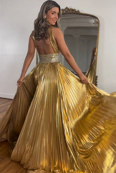 Glitter Golden A-Line Beaded Metallic Long Formal Dress with Slit