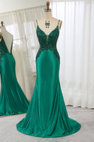Load image into Gallery viewer, Glitter Dark Green Mermaid Backless Long Formal Dress With Beaded Appliques