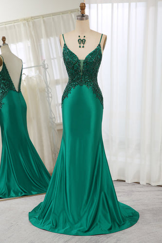 Glitter Dark Green Mermaid Backless Long Formal Dress With Beaded Appliques