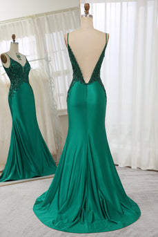 Glitter Dark Green Mermaid Backless Long Formal Dress With Beaded Appliques