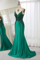 Load image into Gallery viewer, Glitter Dark Green Mermaid Backless Long Formal Dress With Beaded Appliques