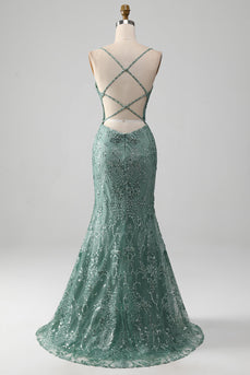 Spaghetti Staps Sparkly Grey Green Formal Dress with Beading