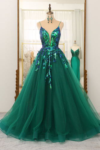 Sparkly Dark Green A Line Tulle Long Formal Dress With Sequined Appliques
