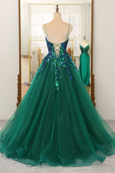 Sparkly Dark Green A Line Tulle Long Formal Dress With Sequined Appliques