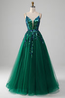 Load image into Gallery viewer, Tulle Spaghetti Straps Dark Green Formal Dress with Sequins