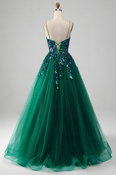 Tulle Spaghetti Straps Dark Green Formal Dress with Sequins