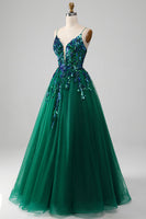 Load image into Gallery viewer, Tulle Spaghetti Straps Dark Green Formal Dress with Sequins