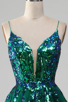 Load image into Gallery viewer, Tulle Spaghetti Straps Dark Green Formal Dress with Sequins