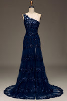 Load image into Gallery viewer, Sparkly Dark Navy Tiered Lace One Shoulder Long Formal Dress with Slit