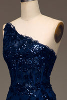 Load image into Gallery viewer, Sparkly Dark Navy Tiered Lace One Shoulder Long Formal Dress with Slit