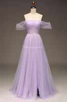 Load image into Gallery viewer, Lilac Off the Shoulder A Line Tulle Princess Formal Dress With Slit