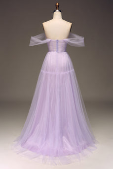 Lilac Off the Shoulder A Line Tulle Princess Formal Dress With Slit