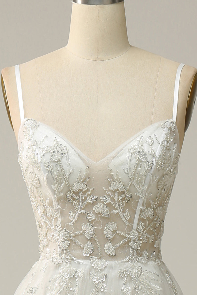Load image into Gallery viewer, A Line Spaghetti Straps White Long Bridal Dress with Appliques