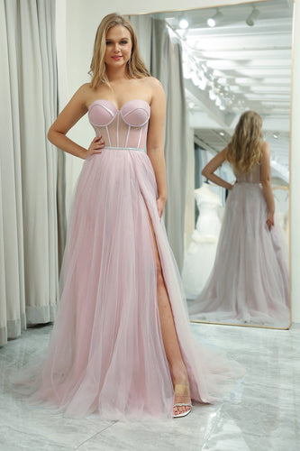 Light Pink A Line Sweetheart Long Corset Formal Dress With Slit