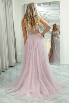 Light Pink A Line Sweetheart Long Corset Formal Dress With Slit