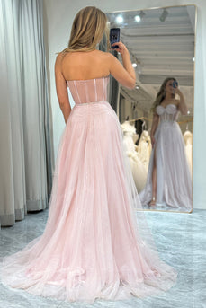 Light Pink A Line Long Corset Formal Dress With Slit