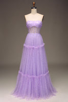 Load image into Gallery viewer, Tulle Strapless Purple Corset Formal Dress