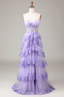 Load image into Gallery viewer, Lavender Strapless Tiered Tulle Corset Formal Dress with Appliques