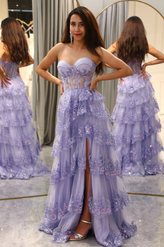 Sparkly Purple A Line Long Corset Tiered Formal Dress With Slit