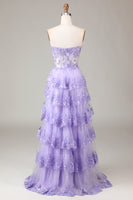 Load image into Gallery viewer, Lavender Strapless Tiered Tulle Corset Formal Dress with Appliques