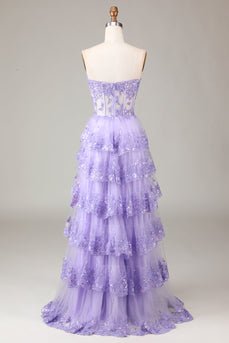 Lavender Strapless Tiered Tulle Corset Formal Dress with Appliques