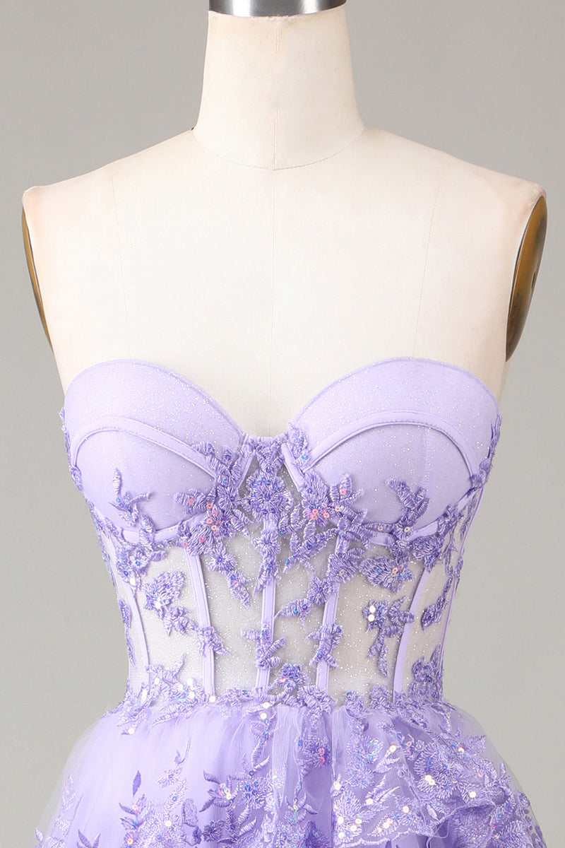 Load image into Gallery viewer, Lavender Strapless Tiered Tulle Corset Formal Dress with Appliques