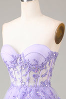 Load image into Gallery viewer, Lavender Strapless Tiered Tulle Corset Formal Dress with Appliques