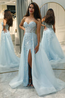 Load image into Gallery viewer, Sparkly Light Blue A Line Long Corset Formal Dress With Slit