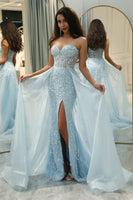 Load image into Gallery viewer, Sparkly Light Blue A Line Long Corset Formal Dress With Slit