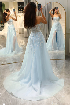 Glitter Light Blue Long Corset Formal Dress With Slit