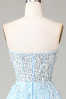 Load image into Gallery viewer, Corset Blue Strapless A Line Formal Dress with Slit