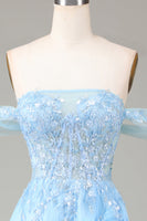 Load image into Gallery viewer, Off the Shoulder Blue A Line Princess Corset Formal Dress with Slit