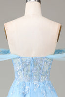 Load image into Gallery viewer, Off the Shoulder Blue A Line Princess Corset Formal Dress with Slit
