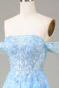 Load image into Gallery viewer, Off the Shoulder Blue A Line Princess Corset Formal Dress with Slit