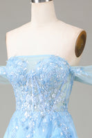 Load image into Gallery viewer, Off the Shoulder Blue A Line Princess Corset Formal Dress with Slit