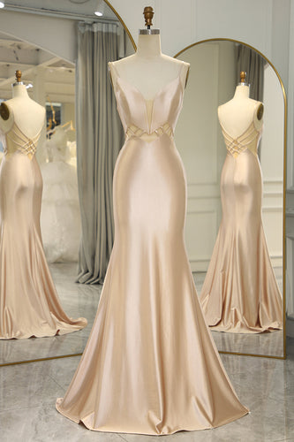 Mermaid Champagne Backless Long Formal Dress