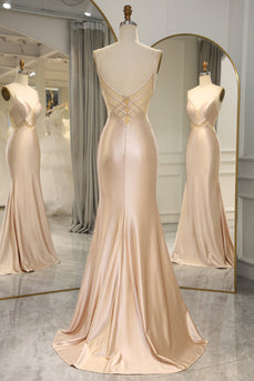 Mermaid Champagne Backless Long Formal Dress